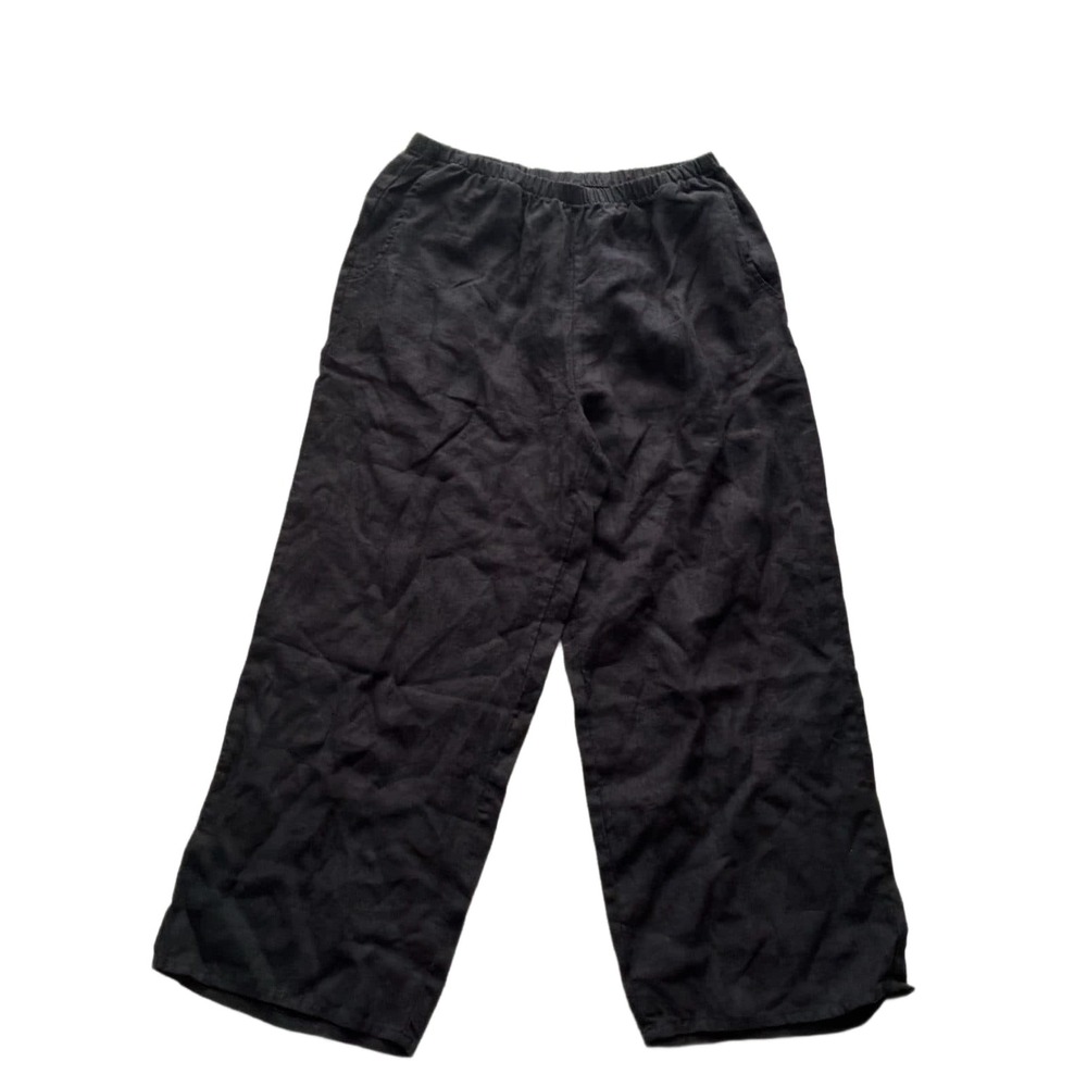 FLAX Women's M Black Linen Pants Elastic Waist Wide Leg Lagenlook Pull On